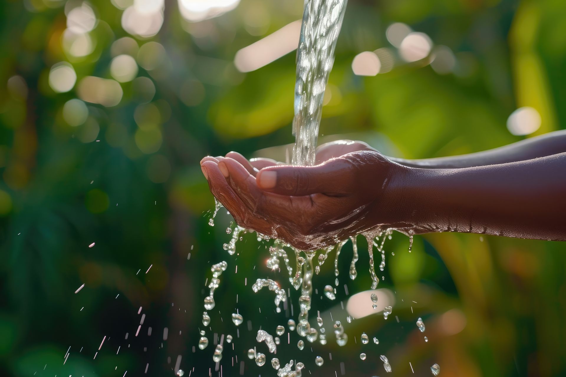 A person is taking water from a stream in their hands.