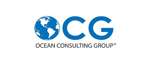 The ocean consulting group logo is blue and white with a globe in the middle.