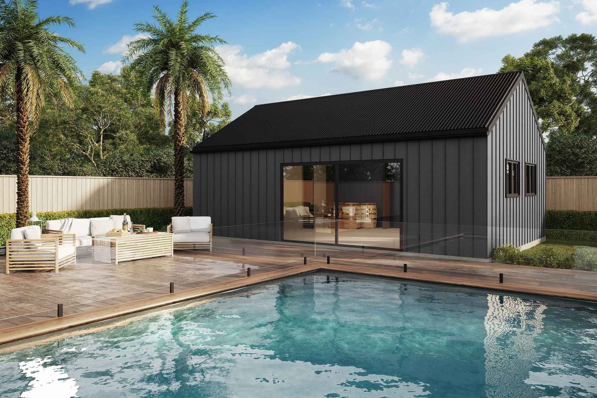 An Artist's Impression Of A House With A Swimming Pool In Front Of It 