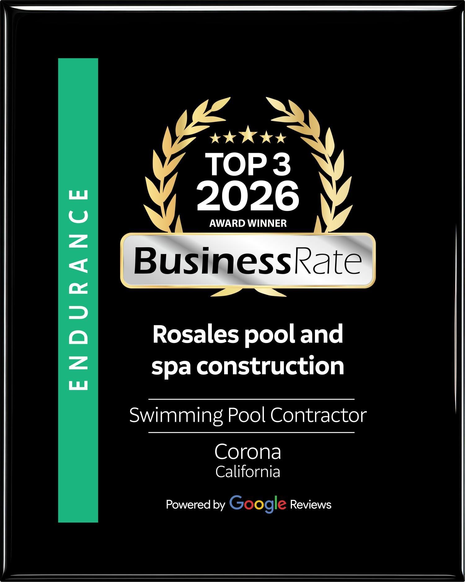 A black award plaque for Rosales Pool and Spa Construction, a 2026 top-rated swimming pool contractor in Corona, California.
