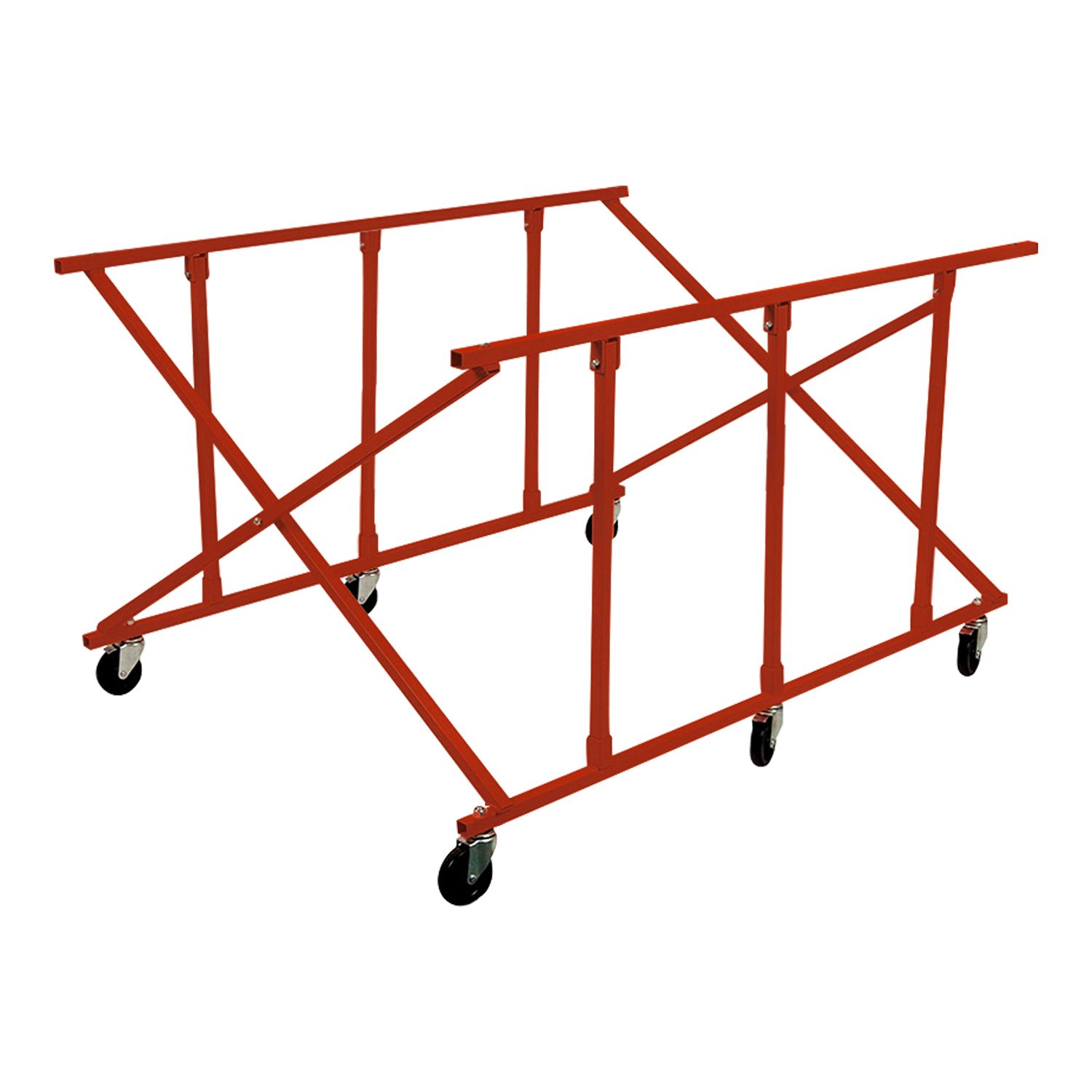 Red metal cart with wheels, designed to transport and support objects.