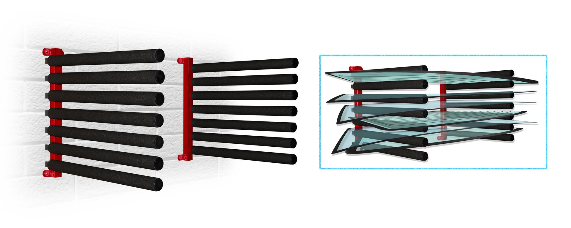 Black horizontal rods with red supports, likely a rack, with a smaller image of the same design.