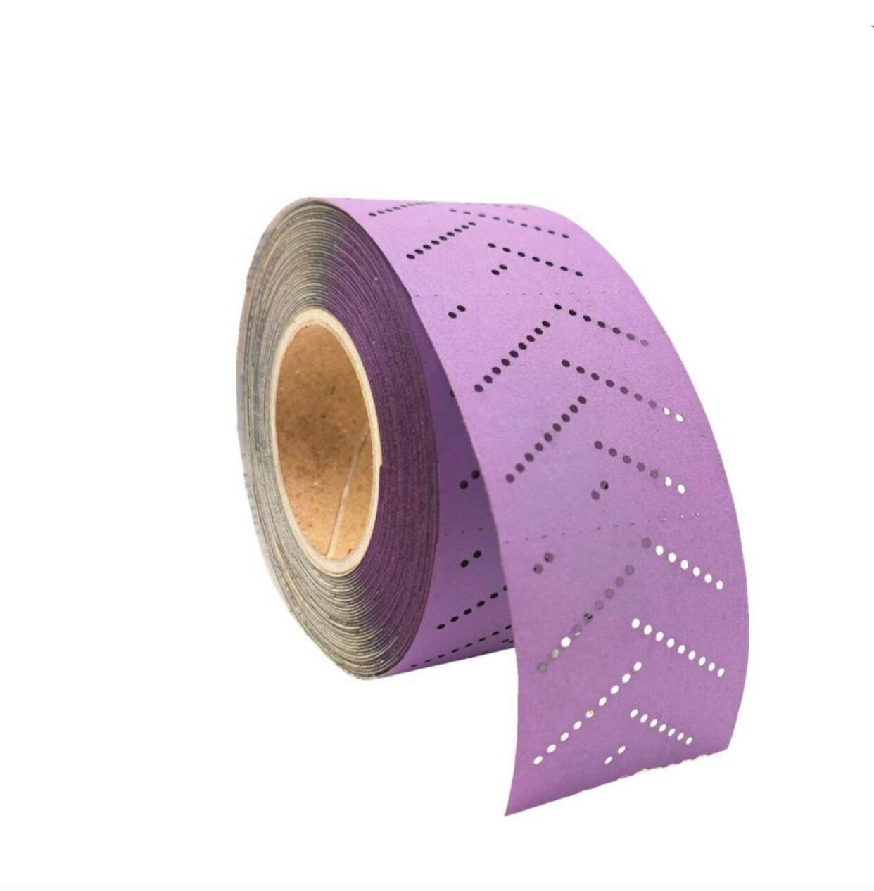 Roll of purple sanding paper with angled perforations.