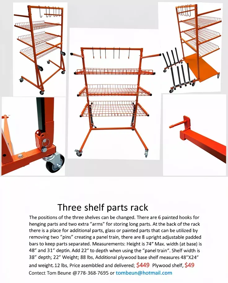 Orange three-shelf parts rack on wheels, with hanging pegs for tools, and description below.