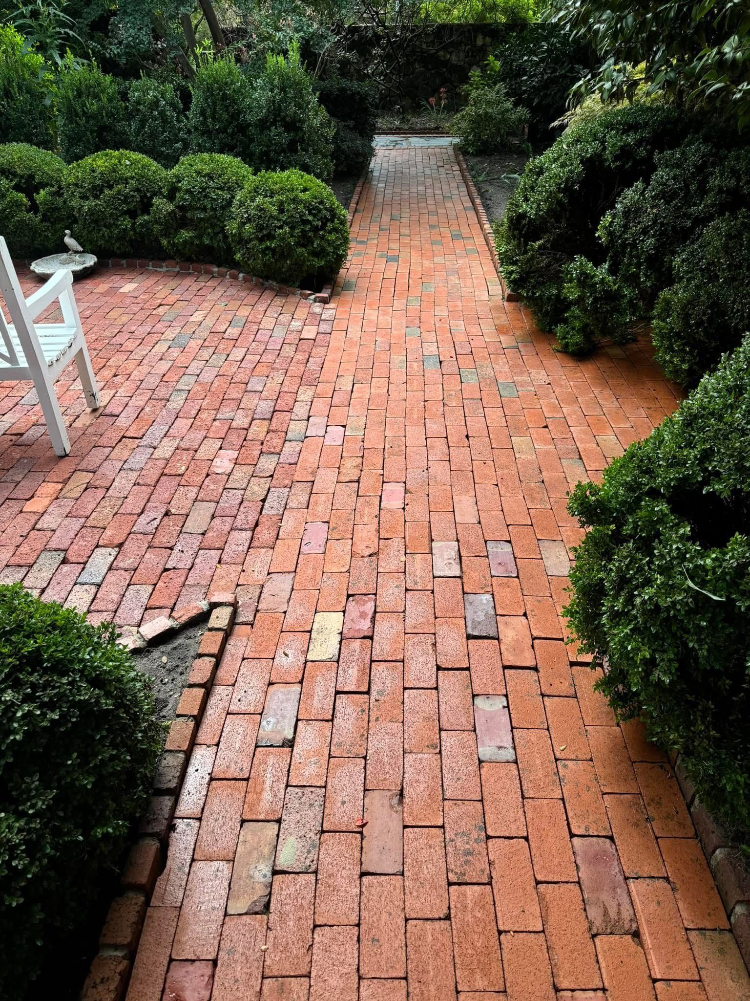 A brick walkway leading to a bench in a garden.