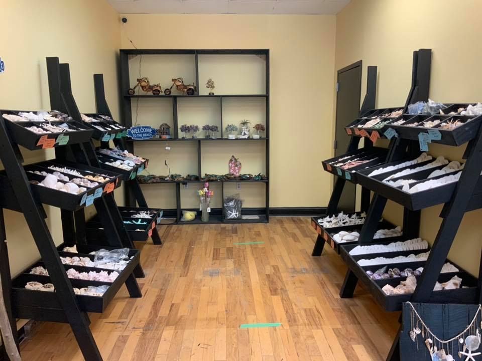 Interior of a gem shop: shelves filled with crystals and figurines, wooden floors, black shelving units.