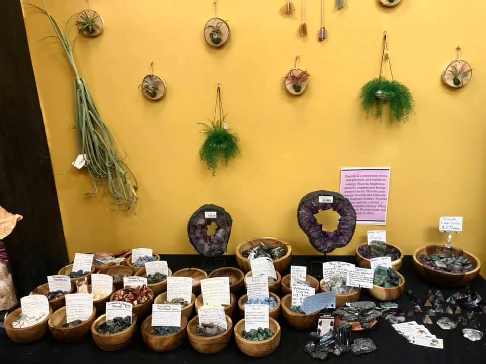 A display of crystals, herbs, and air plants on a table with a yellow wall backdrop.