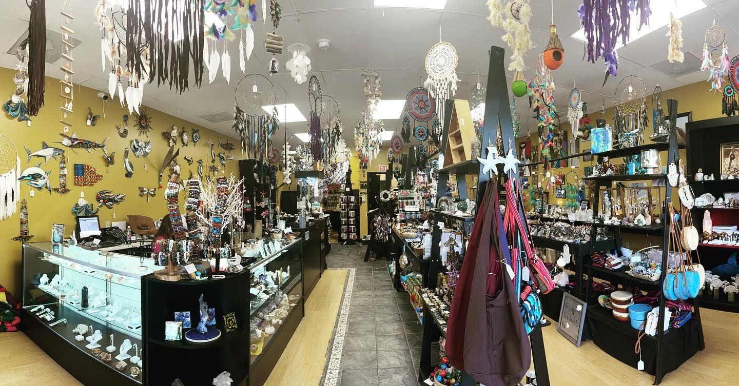 Interior of a shop filled with jewelry, dream catchers, and various Native American-inspired crafts and art.
