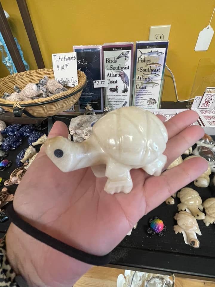 Hand holding a white carved turtle figurine; shop display in the background.