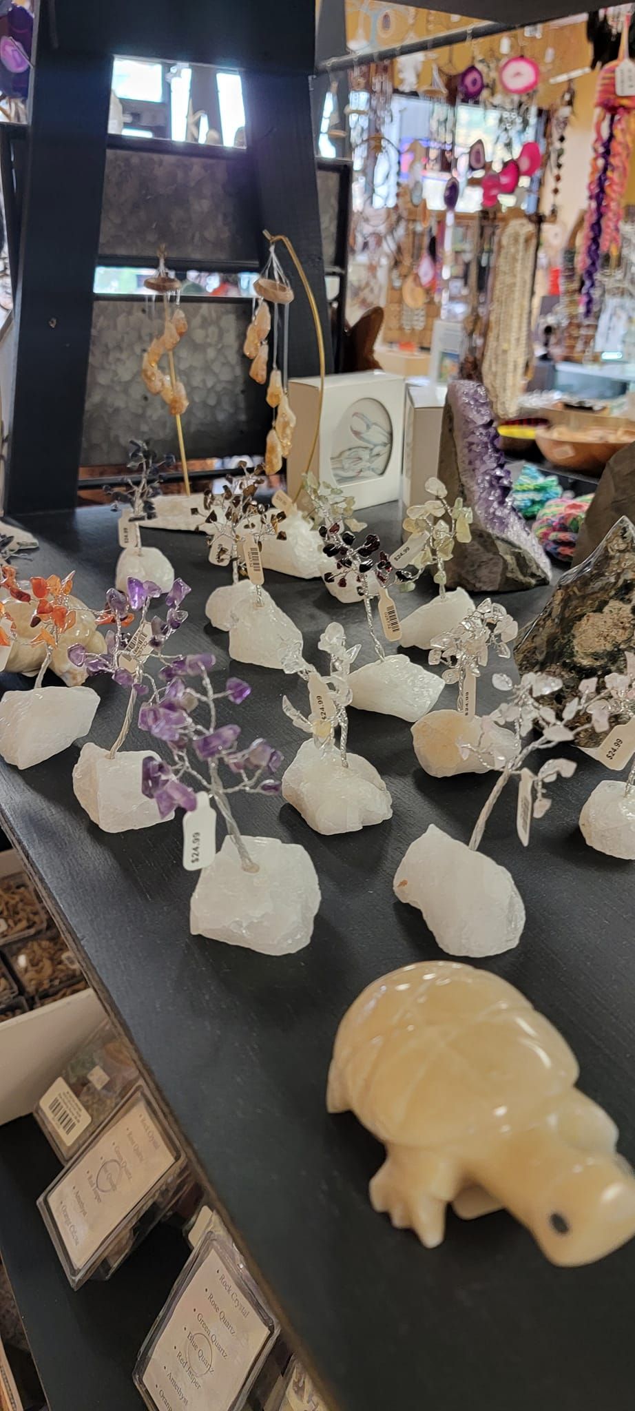 A display of various crystals and stone carvings, including a turtle, in a shop setting.