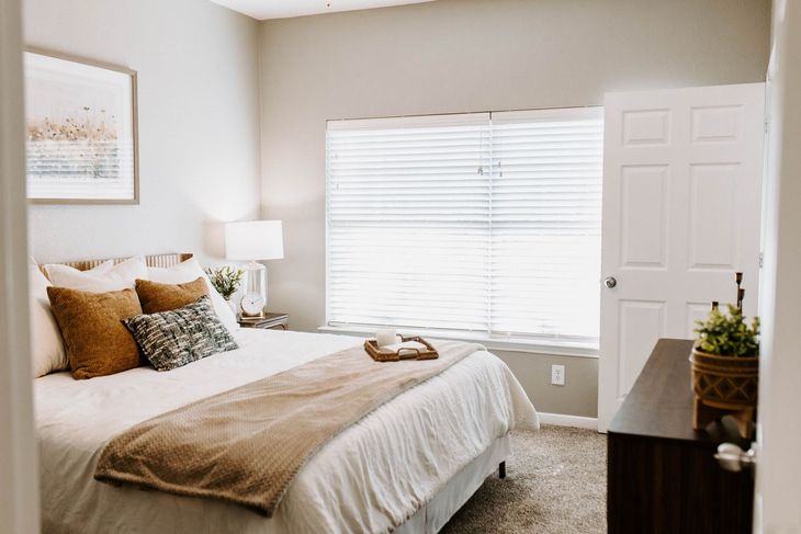 Bedroom with queen bed, desk, dark furniture, green and orange accents, ceiling fan, and window.