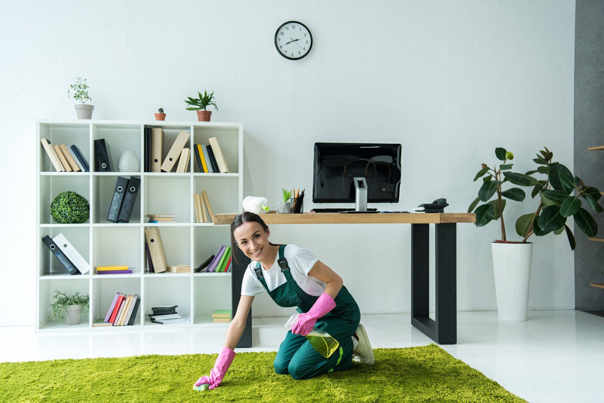 Woman in cleaning overalls cleans green rug in office.
