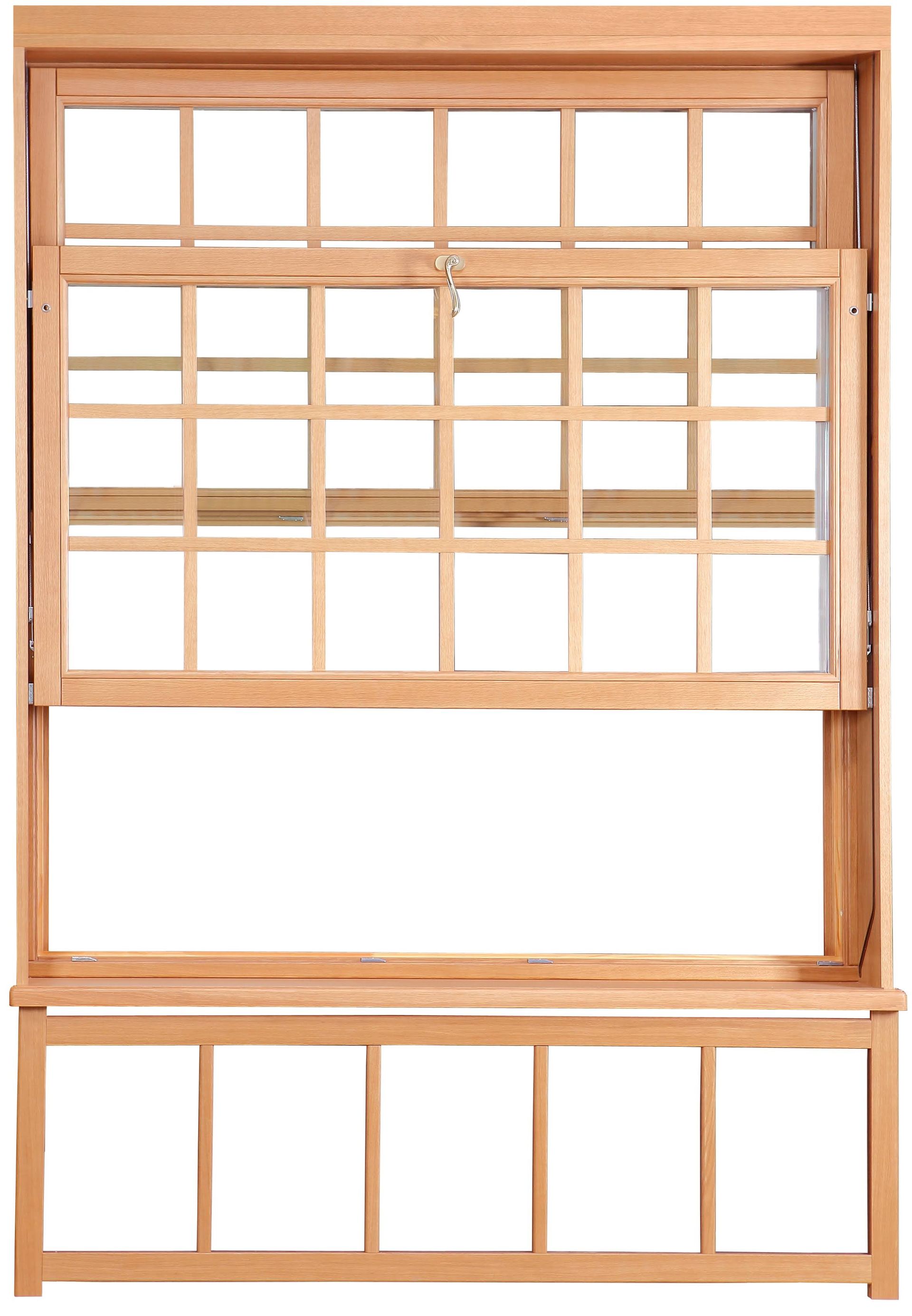 A wooden window frame with a white background