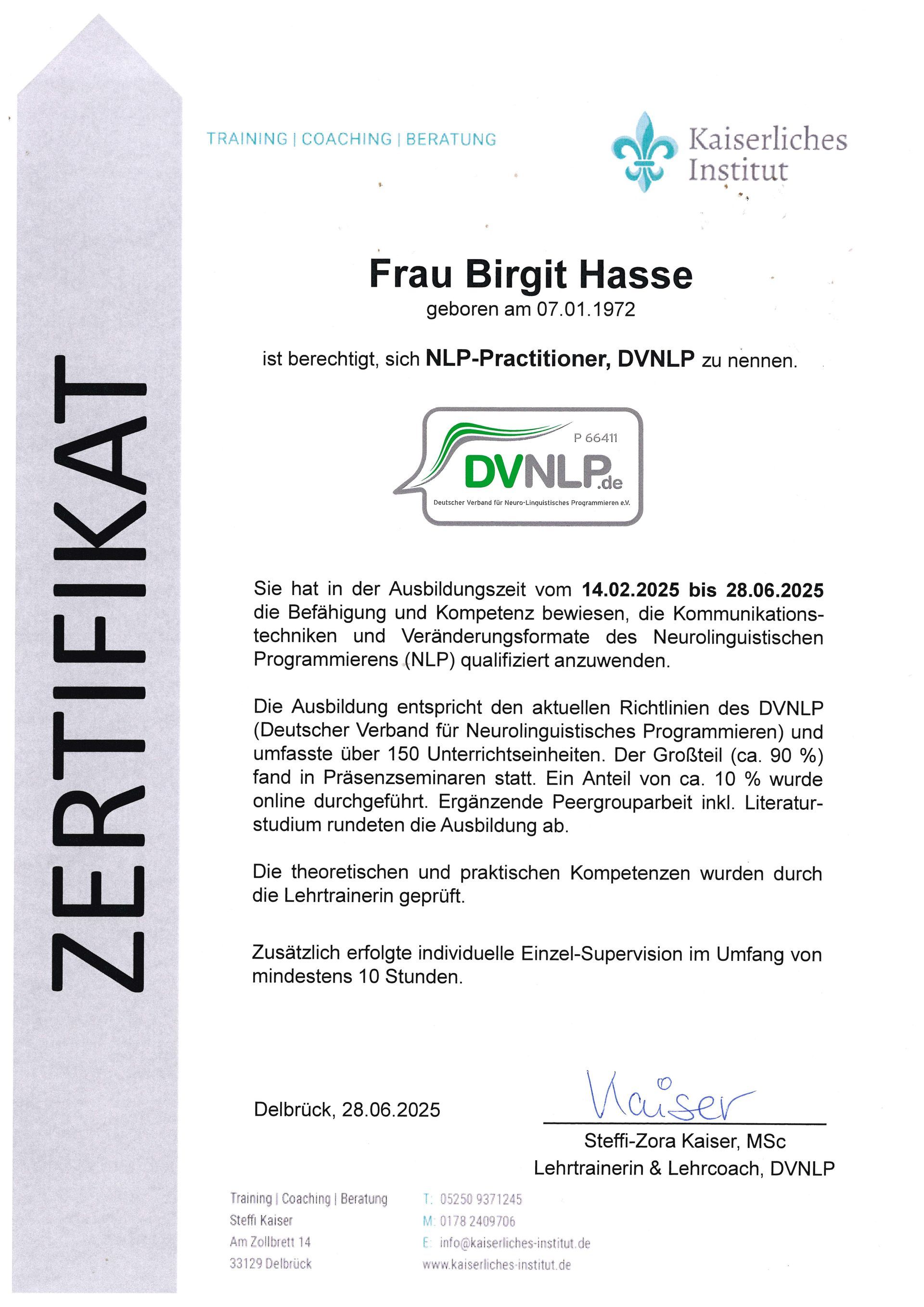 Zertifikat für Trainerin für Persönlichkeitsentwicklung von Birgit Hasse