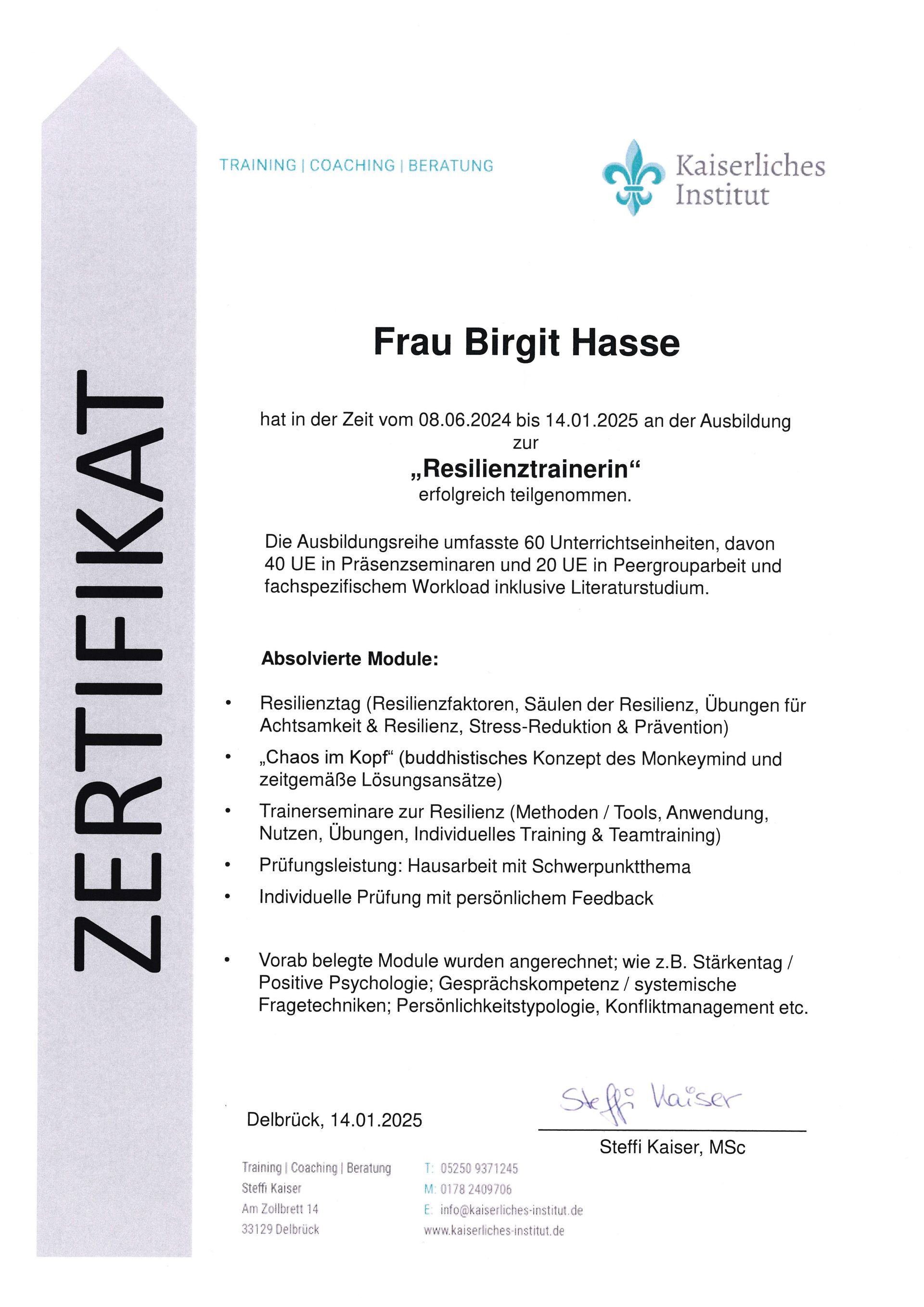 Zertifikat für Resilienztrainerin von Birgit Hasse