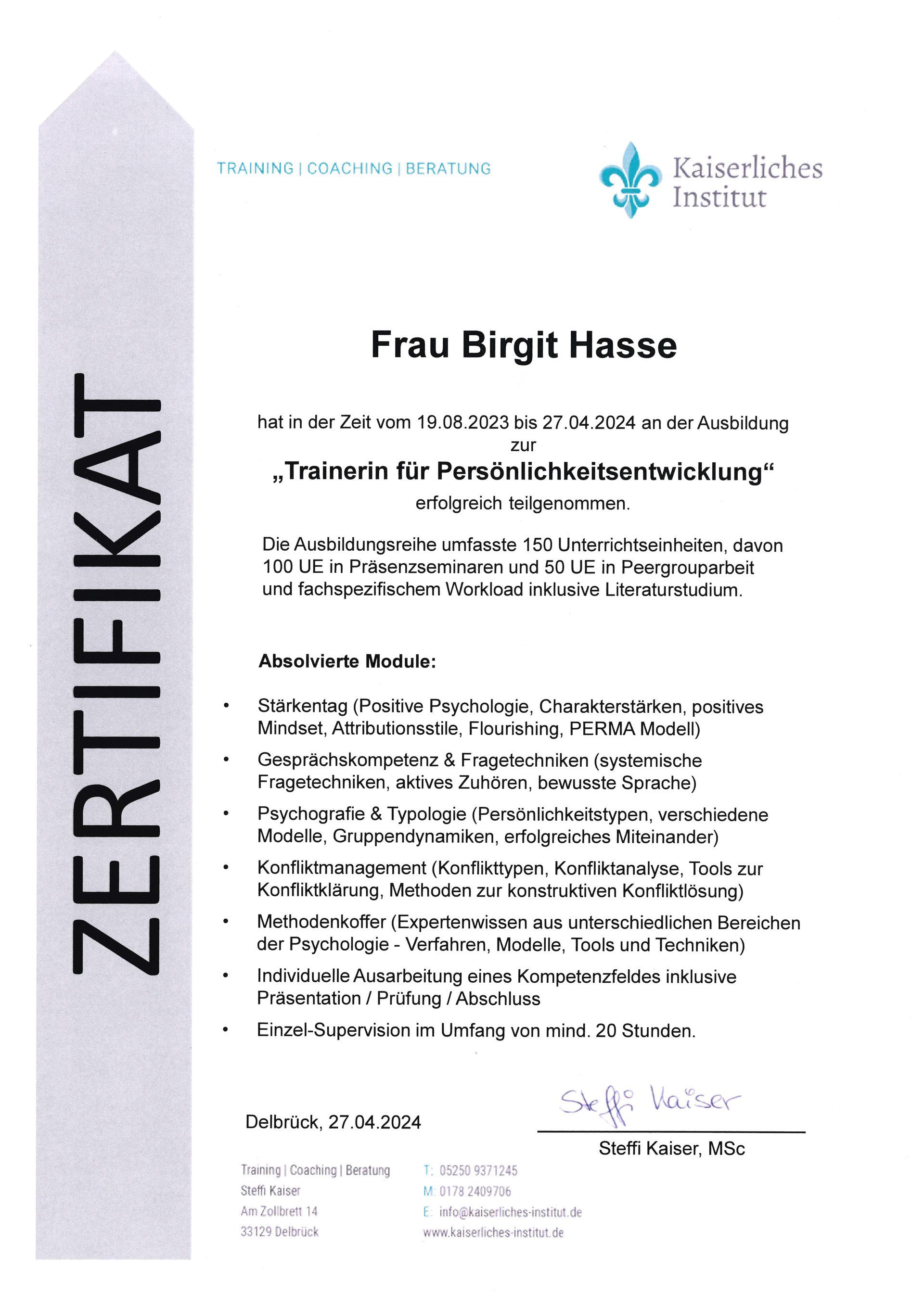 Zertifikat für Trainerin für Persönlichkeitsentwicklung von Birgit Hasse