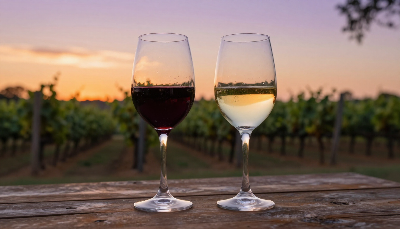 A side-by-side comparison of red and white wine in glasses at a Lockhart vineyard.