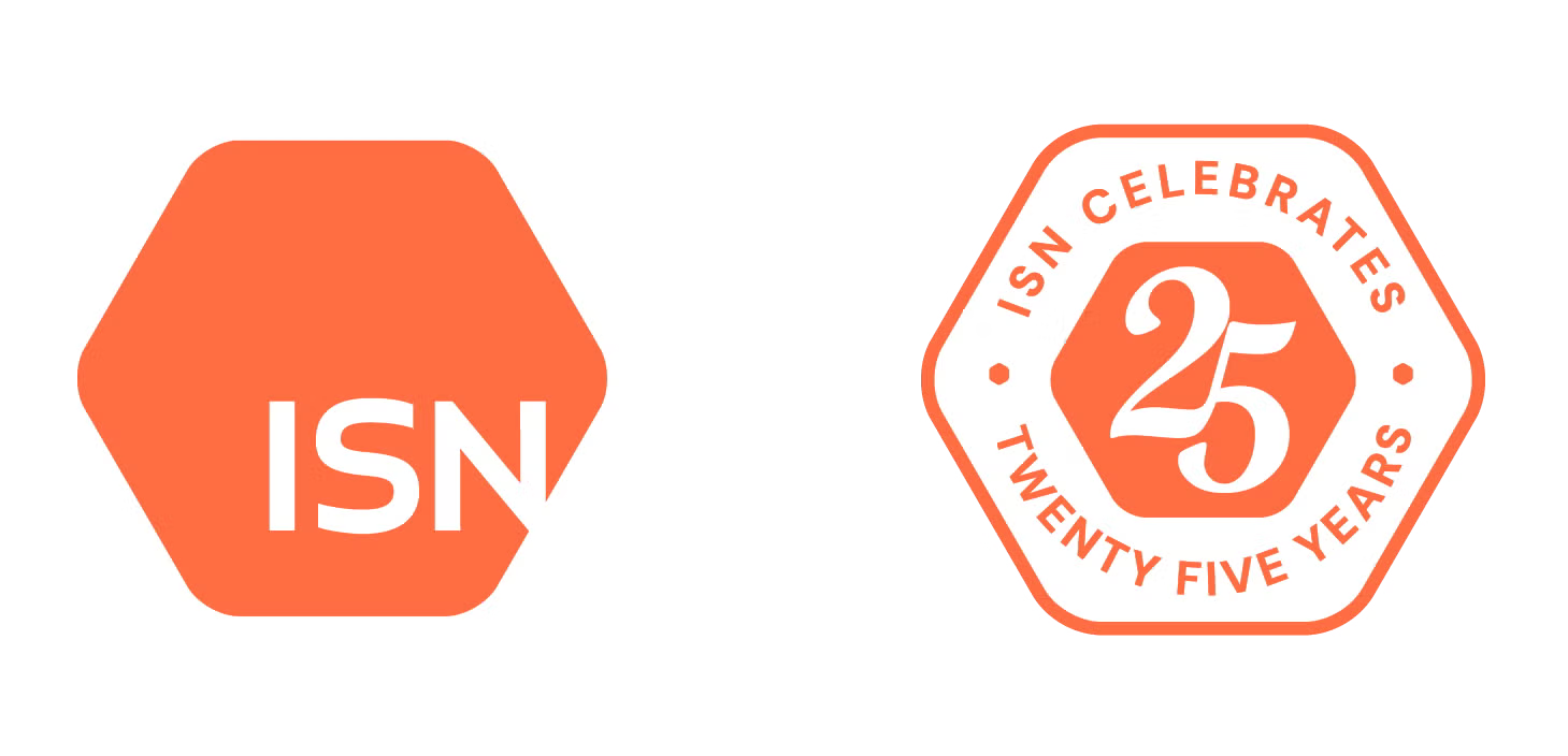 Logos for ISN: an orange hexagon with 