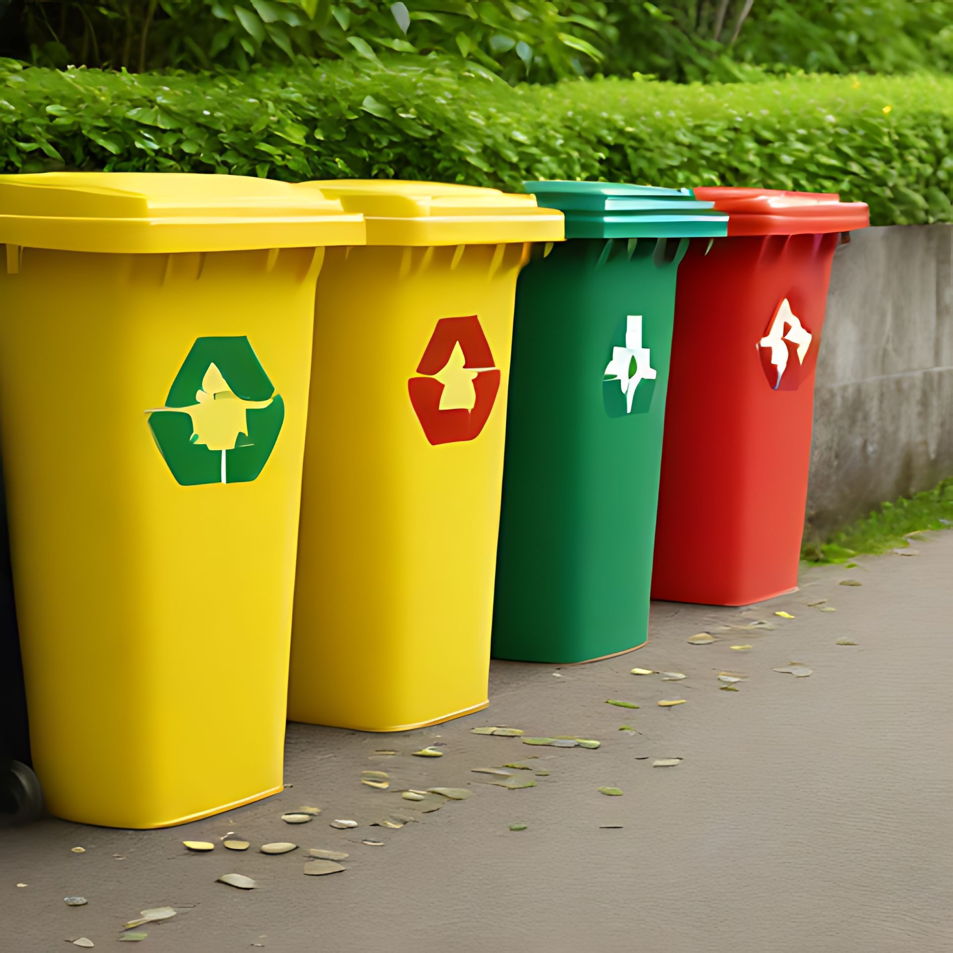 A row of yellow green and red trash cans with recycling symbols on them