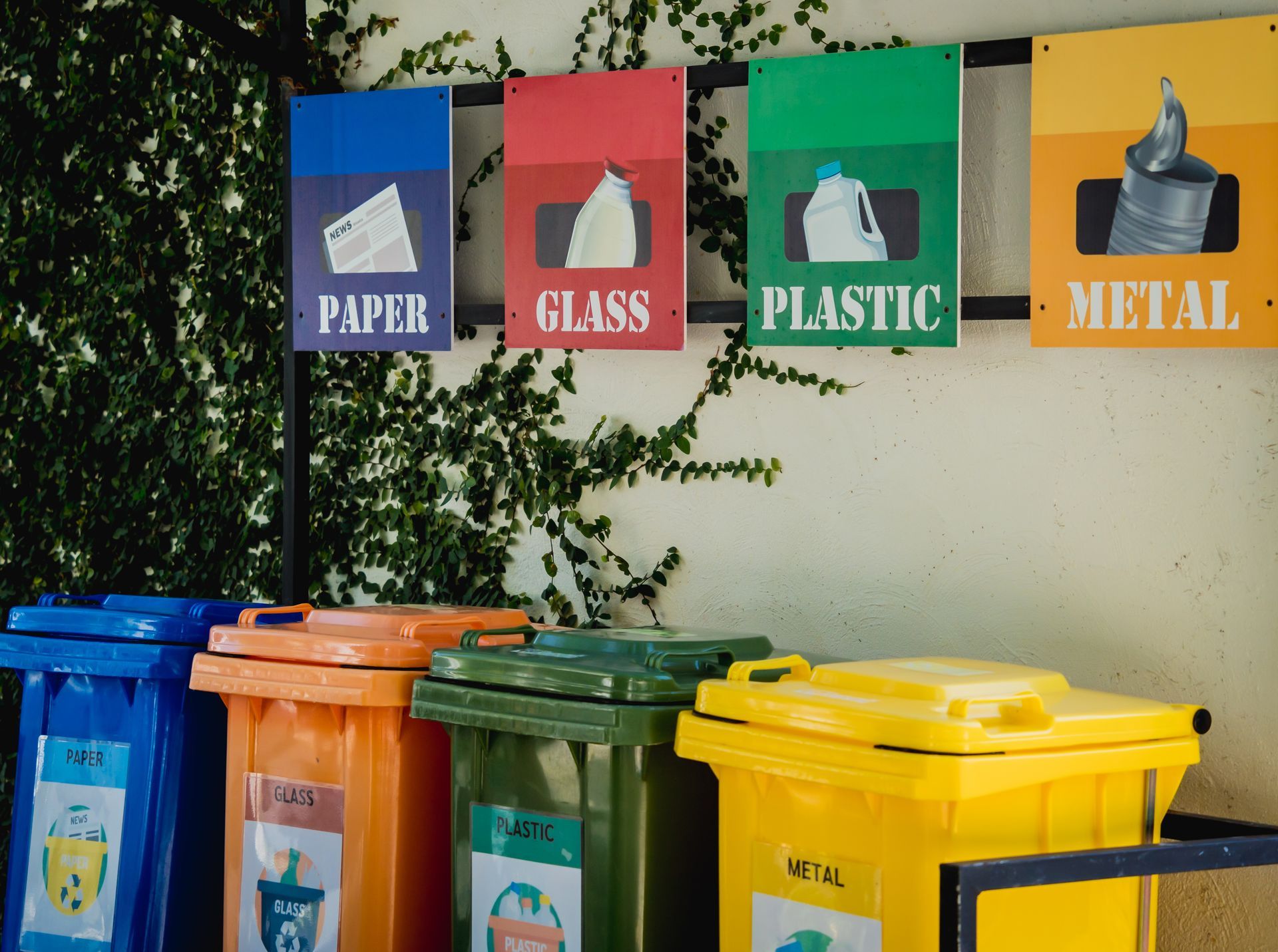 Four recycling bins with corresponding color-coded signs for paper (blue), glass (red), plastic (green), and metal (yellow).