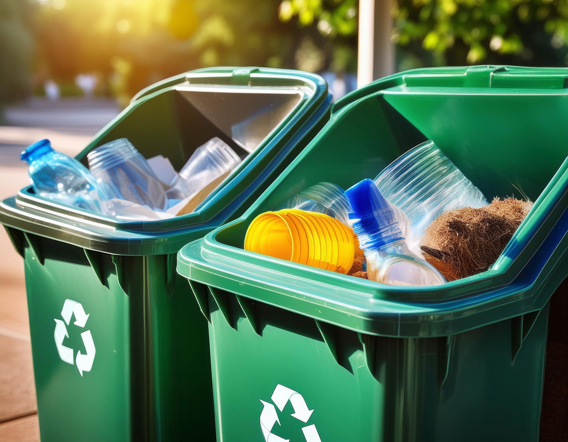 Two green recycling bins filled with plastic bottles and cups.