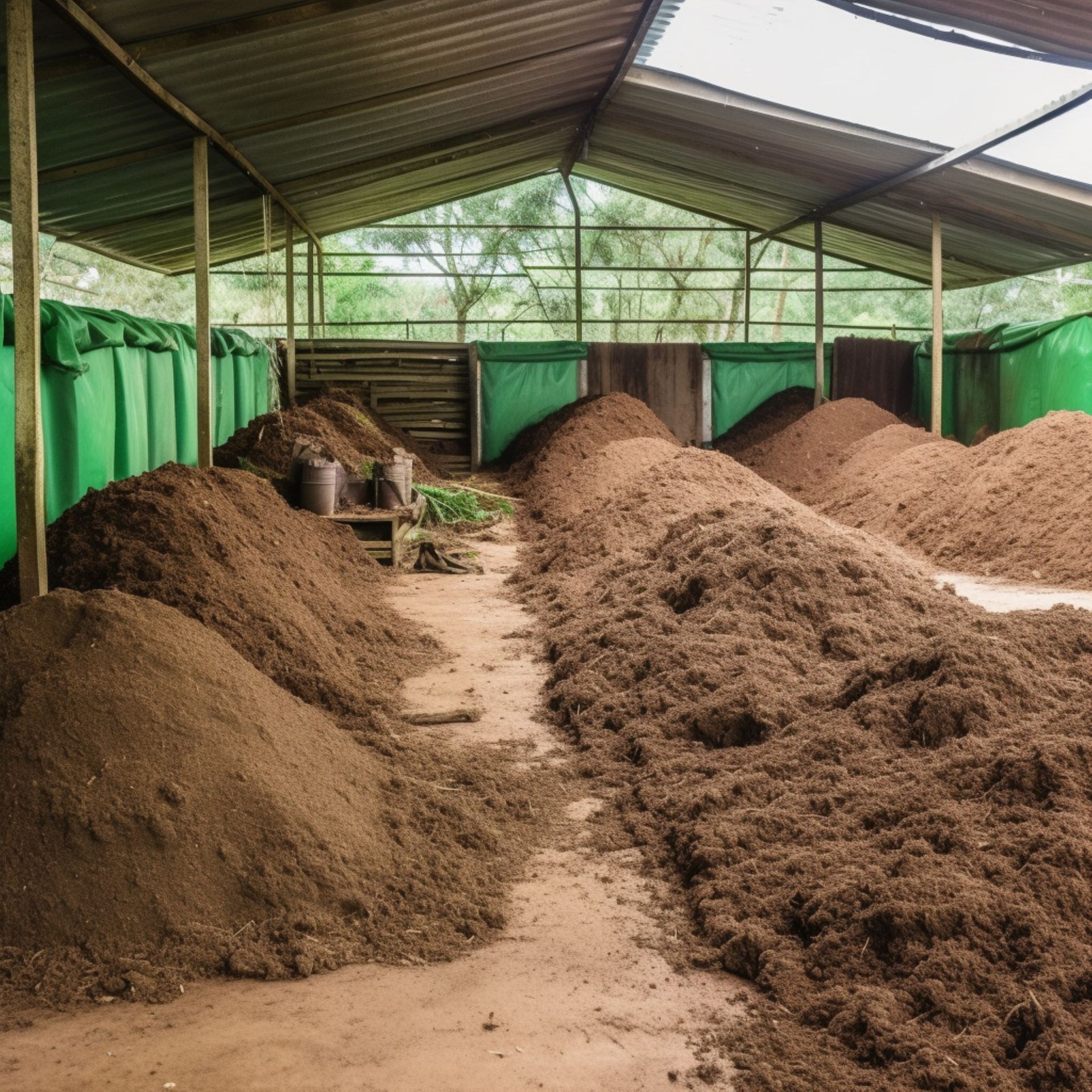 A warehouse filled with piles of dirt and green tarps