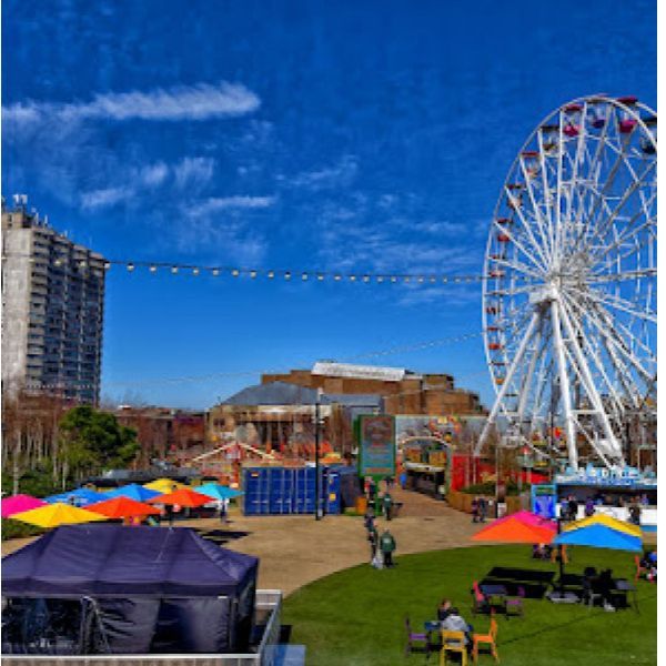 A ferris wheel is in the middle of a park