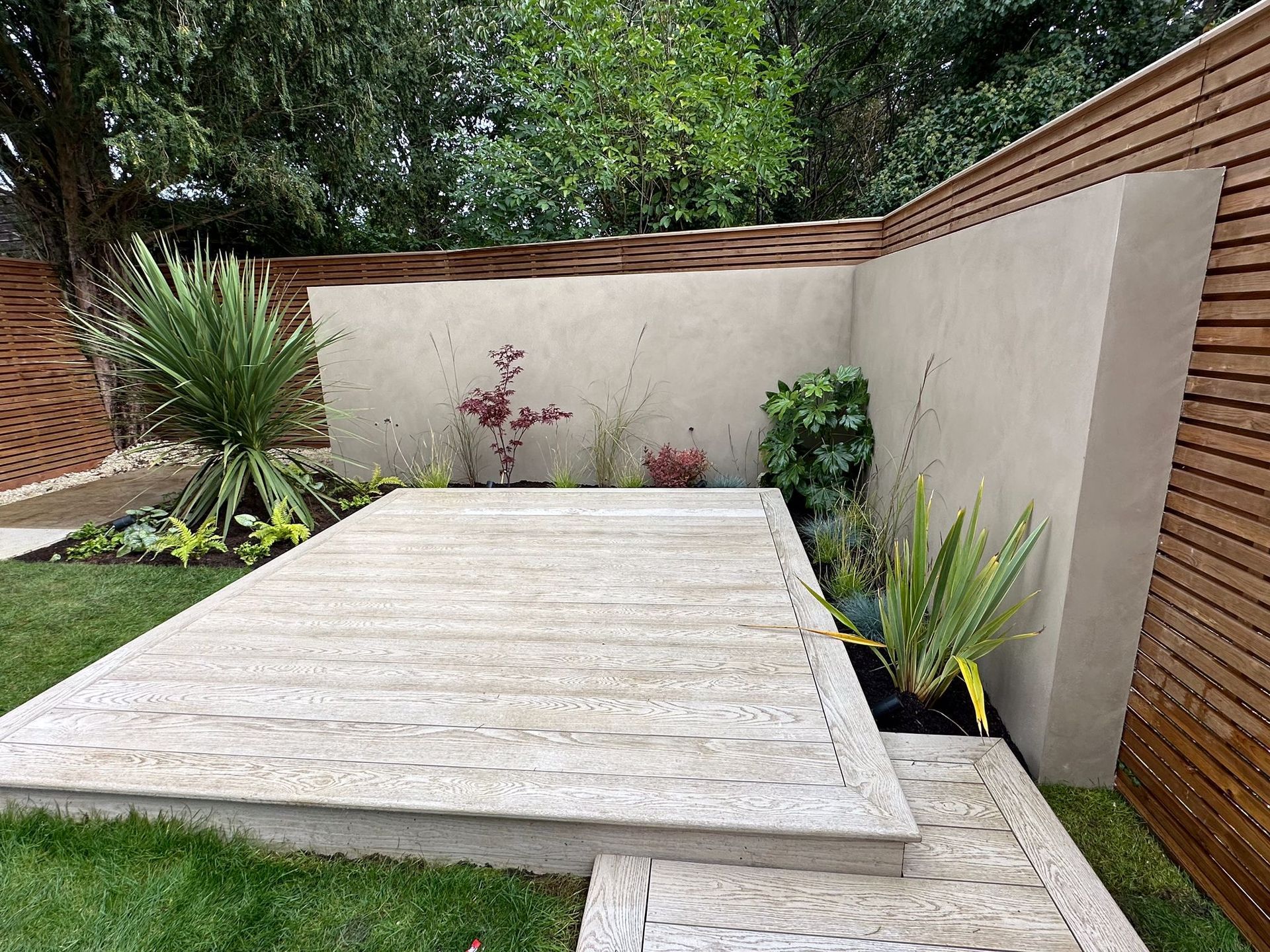 There is a wooden deck in the middle of the garden with a microcement wall 