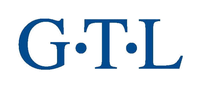 A blue and white logo for gtl on a white background.