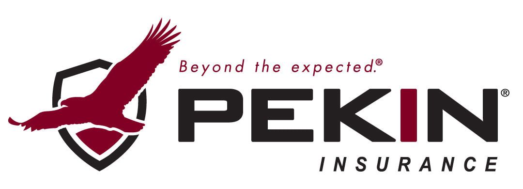 The logo for pekin insurance shows a red eagle flying over a shield.