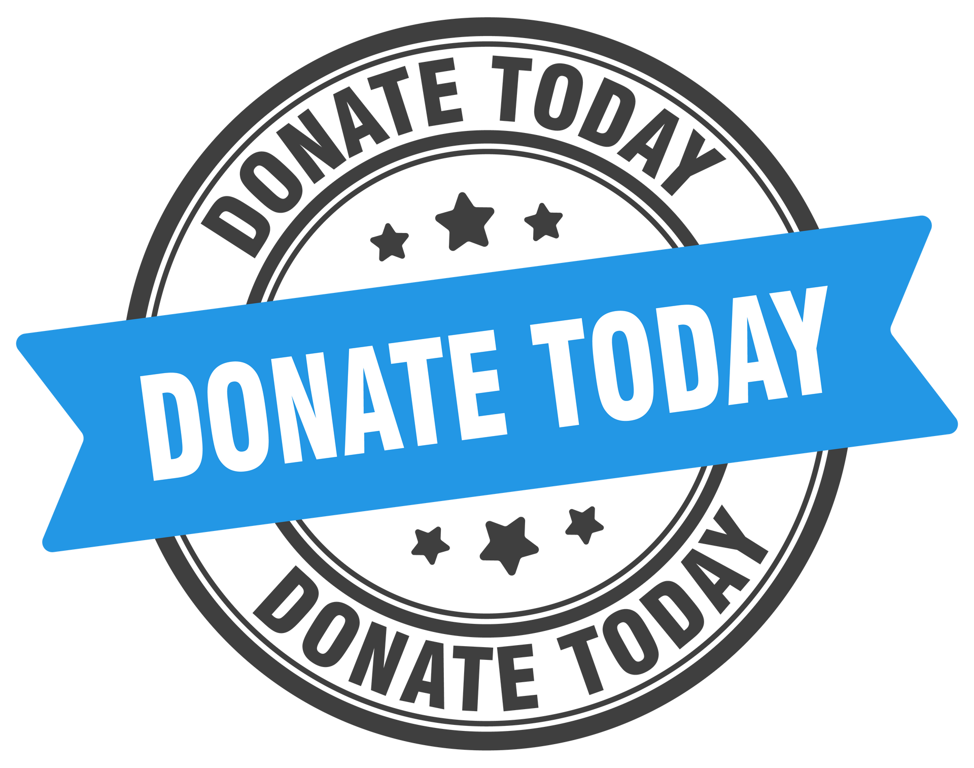 A donate today stamp with a blue ribbon around it.