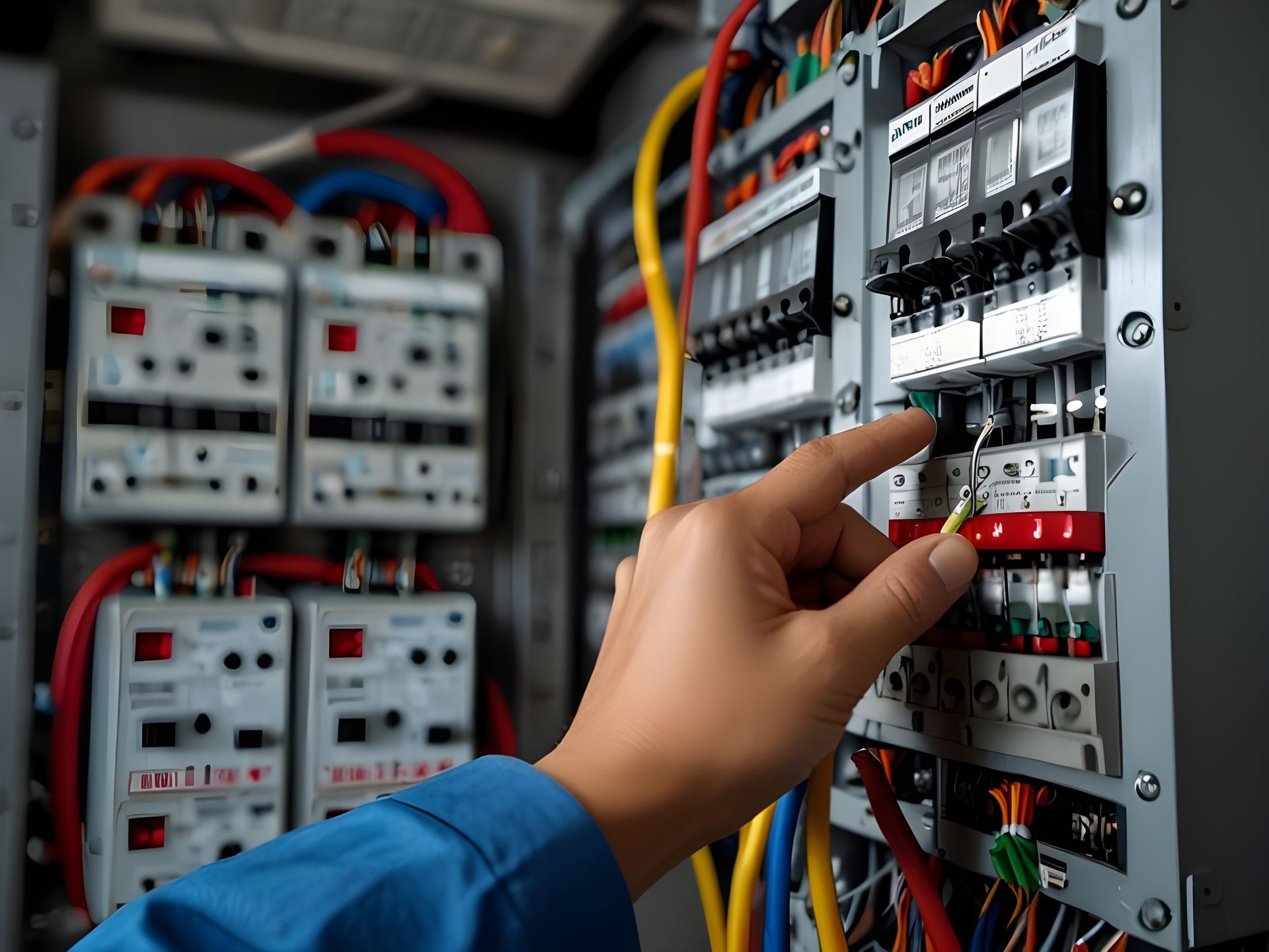 A person is working on an electrical panel with a screwdriver.