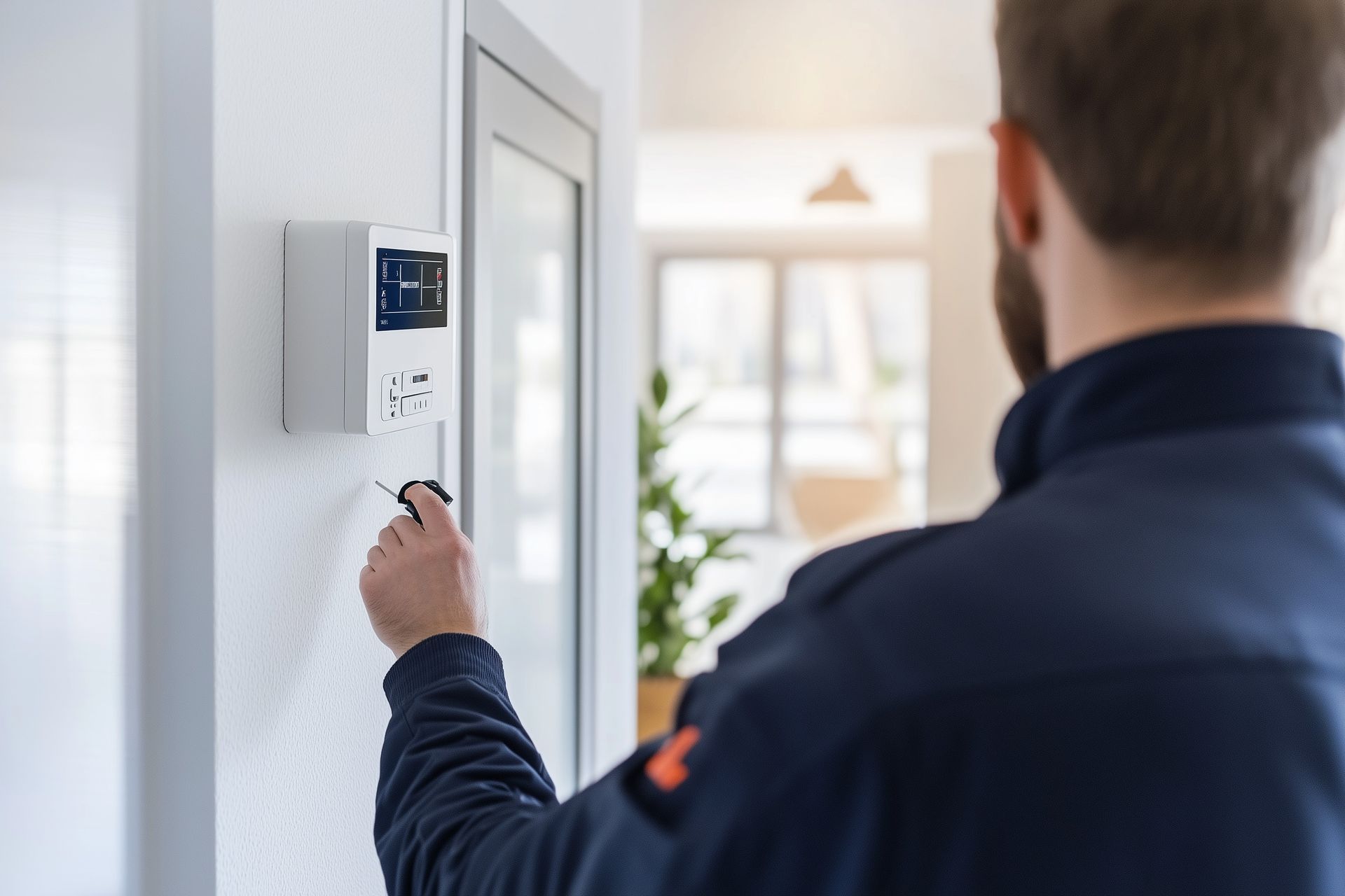 A man is pressing a button on a security system.