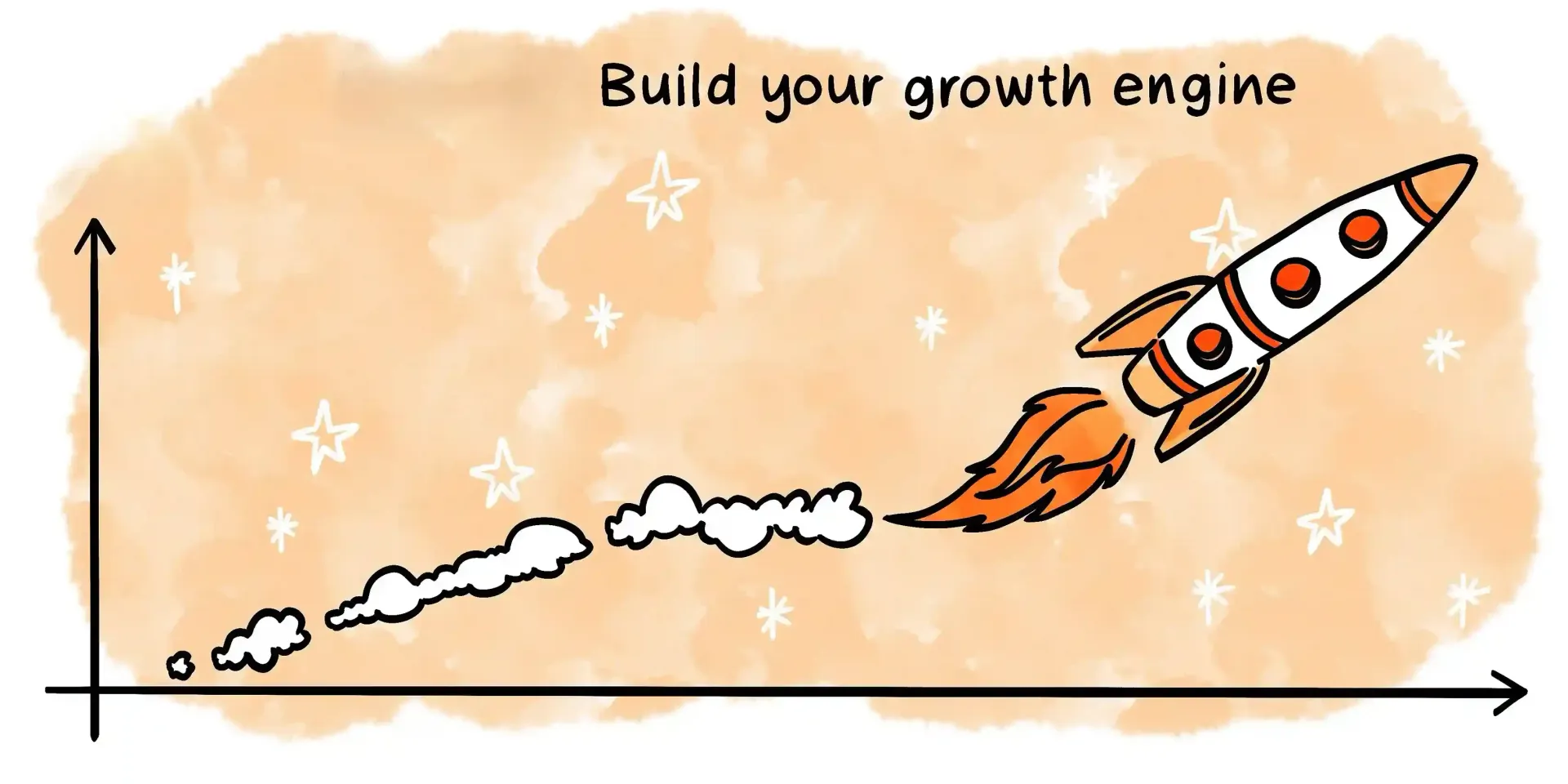 A drawing of a rocket flying through the air with the words `` build your growth engine '' below it.
