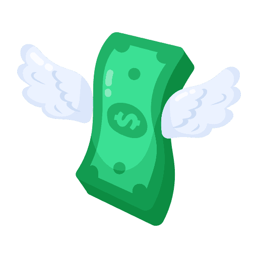 Green dollar bill with white wings.