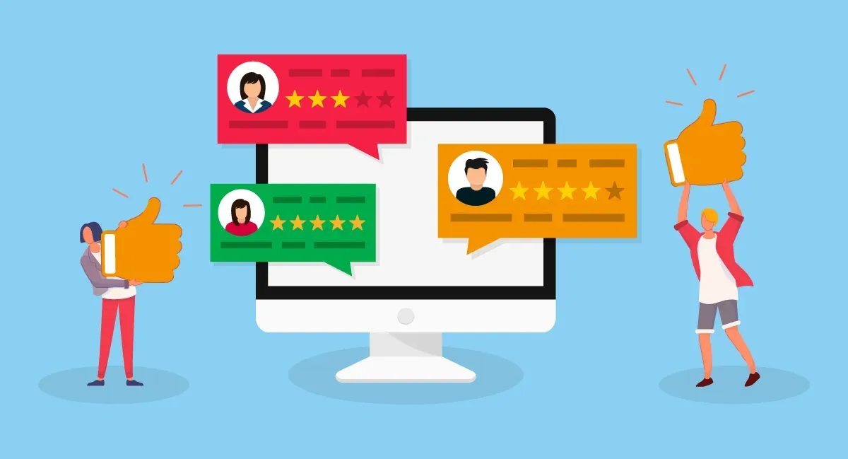 People with thumbs up next to a computer displaying positive customer reviews in speech bubbles.