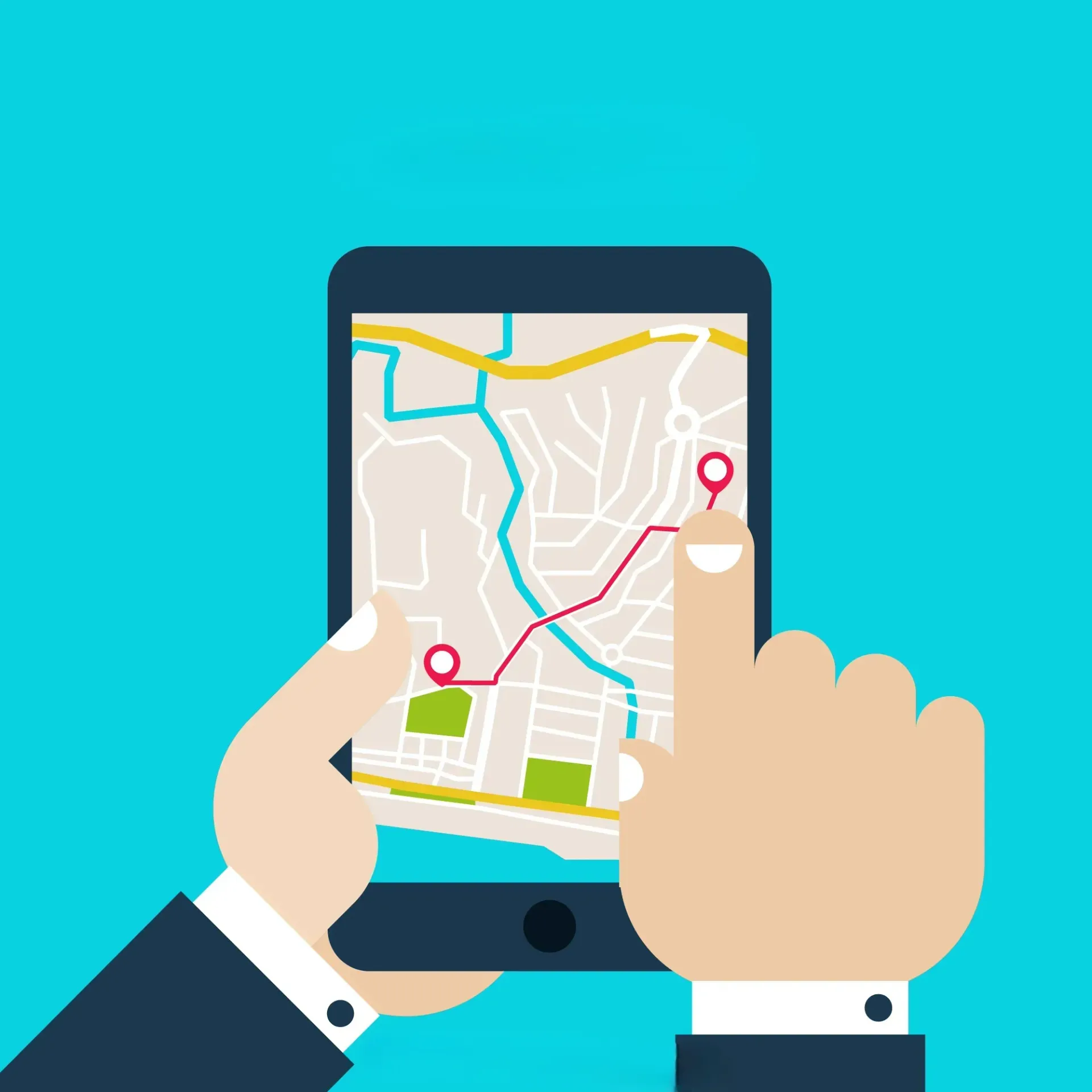 Hands holding a tablet displaying a map with a route marked in red.