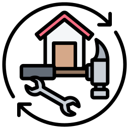 House with tools (wrench, hammer) in a circle, suggesting home repair or renovation process.