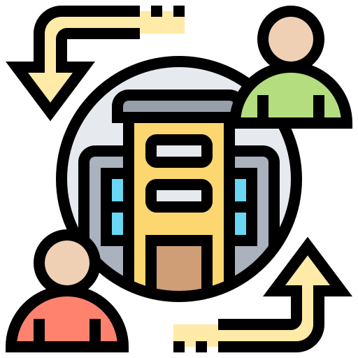 Building with people exchanging information, suggested by arrows.
