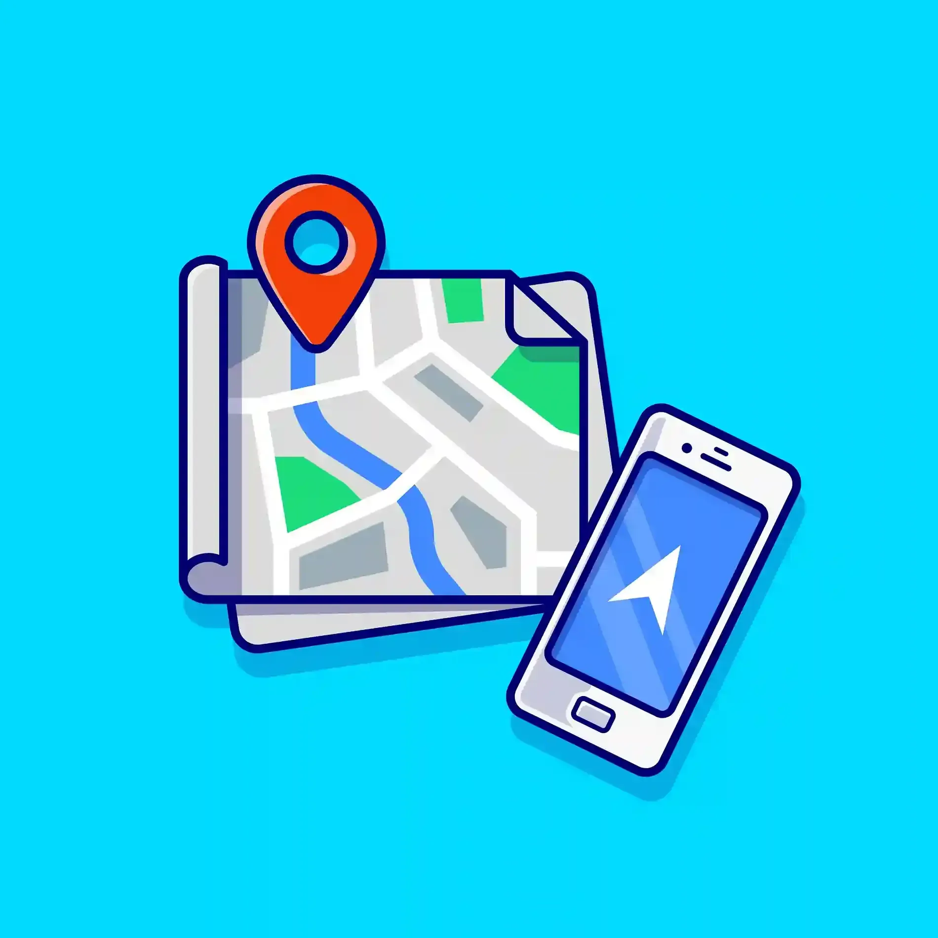 Map with location pin, a smartphone with navigation arrow, on a blue background.