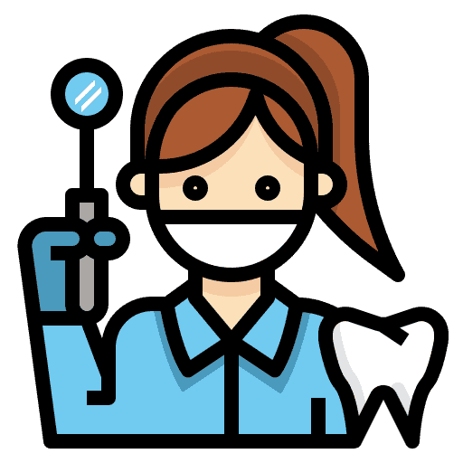 Dentist holding a mirror and a tooth, wearing a mask and blue uniform.