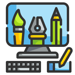 A computer monitor with a pen , pencil , and brush on it.
