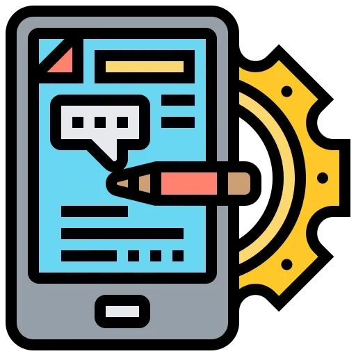 A cell phone with a pencil sticking out of it and a gear.