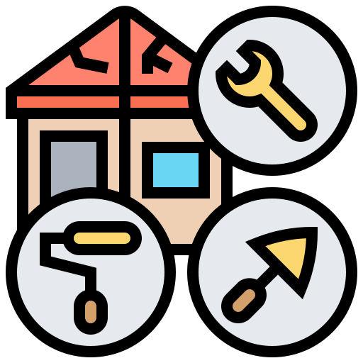 House with tools: wrench, paint roller, trowel, in circles. Repair and renovation theme.