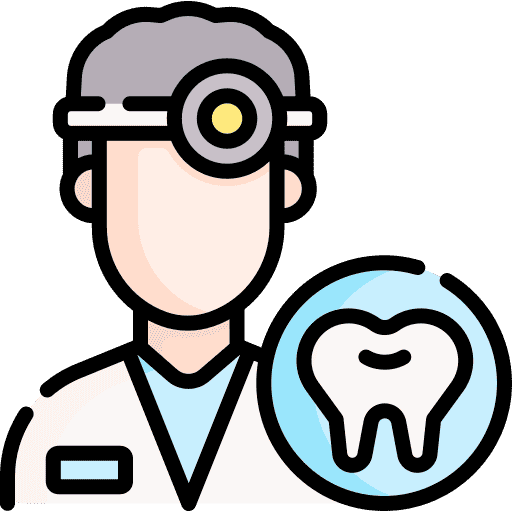 Dentist wearing a headlamp, with a tooth icon on a blue circle.