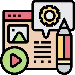 An icon of a pencil , a speech bubble , a gear , and a play button.