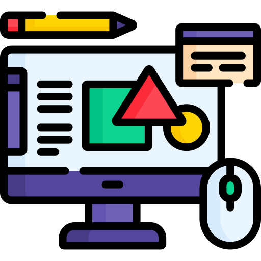 Computer screen displaying design elements with mouse and pencil.