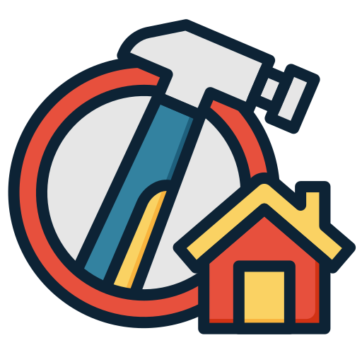 A hammer crossed out, a house next to it, set against a circle with a line through it.