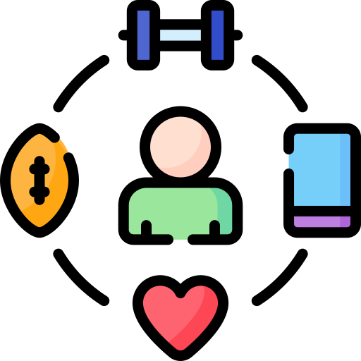 Person surrounded by fitness elements: dumbbell, phone, heart, and football.