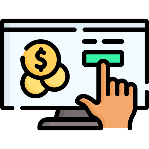 A hand pointing at a green button on a computer screen displaying coins.